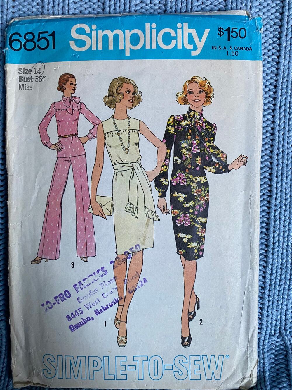 Simplicity 6851 pattern dress puff sleeve blouse wide leg pant 1970s size 14